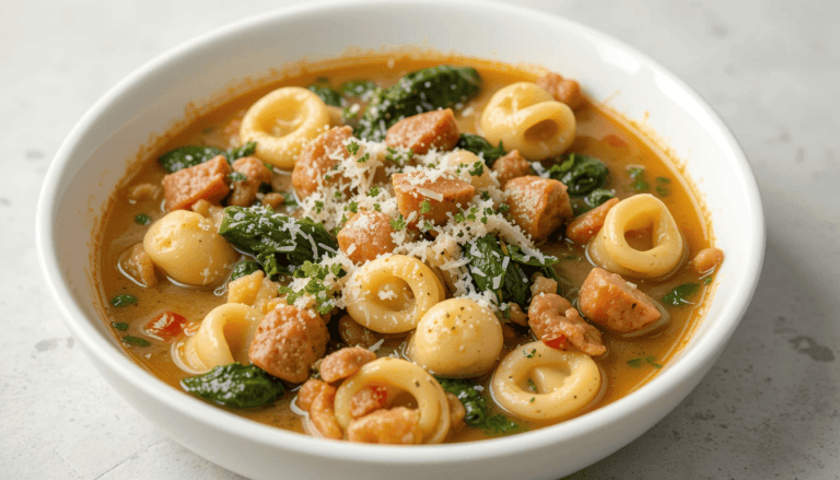 A bowl of creamy sausage tortellini soup with tender tortellini, chunks of sausage, wilted spinach, and a rich, creamy broth, garnished with Parmesan cheese and fresh herbs