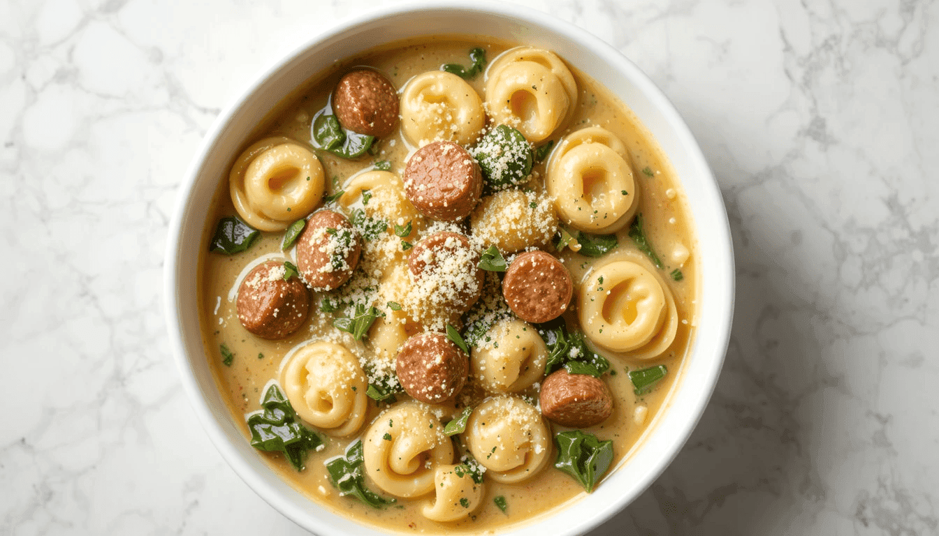 A bowl of creamy sausage tortellini soup with tender tortellini, chunks of sausage, wilted spinach, and a rich, creamy broth, garnished with Parmesan cheese and fresh herbs