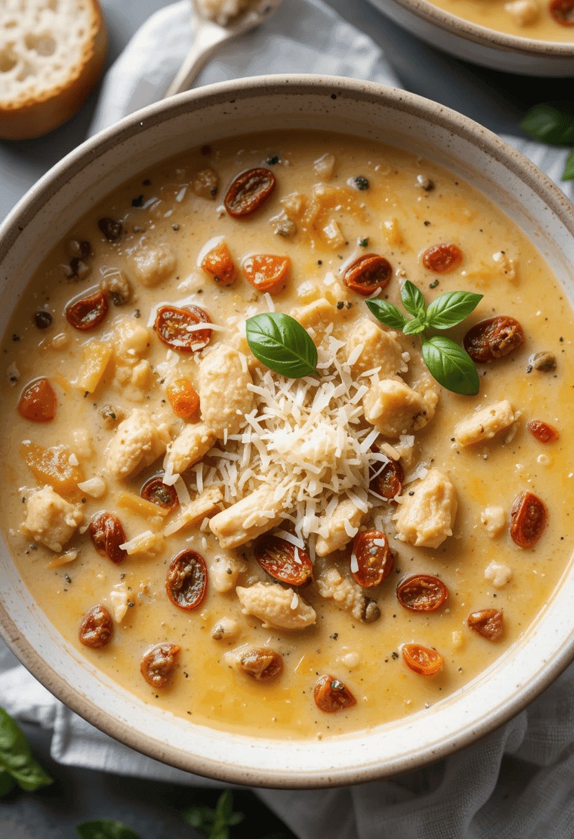 A creamy bowl of Marry Me Chicken Soup with tender chicken cubes, sun-dried tomatoes, and a rich golden broth, garnished with Parmesan cheese and fresh herbs. Served in a white ceramic bowl on a light background with bright natural lighting.