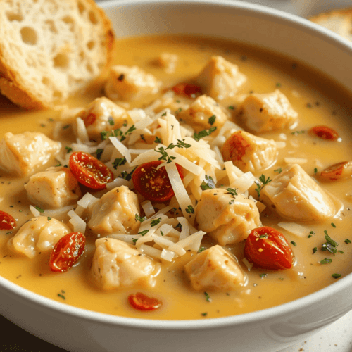 A creamy bowl of Marry Me Chicken Soup with tender chicken cubes, sun-dried tomatoes, and a rich golden broth, garnished with Parmesan cheese and fresh herbs. Served in a white ceramic bowl on a light background with bright natural lighting.