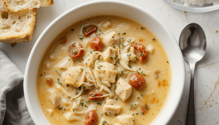 A creamy bowl of Marry Me Chicken Soup with tender chicken cubes, sun-dried tomatoes, and a rich golden broth, garnished with Parmesan cheese and fresh herbs. Served in a white ceramic bowl on a light background with bright natural lighting.