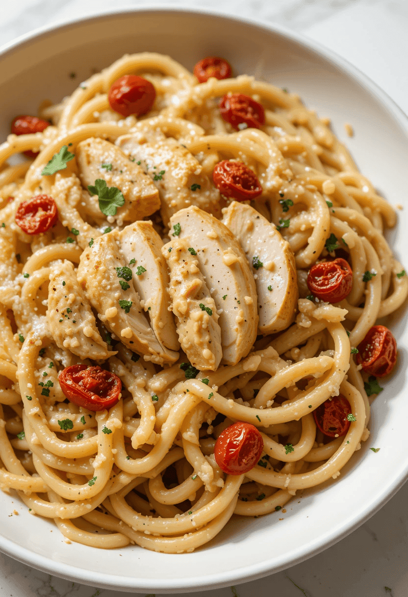 A plate of Creamy Marry Me Chicken Pasta with fettuccine coated in a rich, creamy Parmesan sauce, topped with golden-brown sliced chicken, sun-dried tomatoes, and garnished with freshly grated Parmesan and parsley.