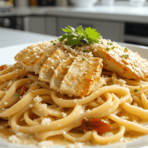 A plate of Creamy Marry Me Chicken Pasta with fettuccine coated in a rich, creamy Parmesan sauce, topped with golden-brown sliced chicken, sun-dried tomatoes, and garnished with freshly grated Parmesan and parsley.