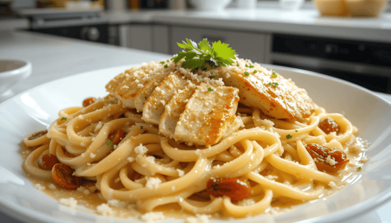 A plate of Creamy Marry Me Chicken Pasta with fettuccine coated in a rich, creamy Parmesan sauce, topped with golden-brown sliced chicken, sun-dried tomatoes, and garnished with freshly grated Parmesan and parsley.