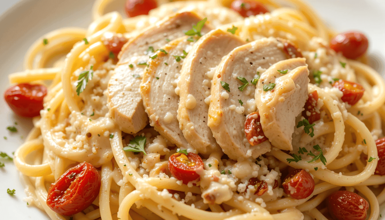A plate of Creamy Marry Me Chicken Pasta with fettuccine coated in a rich, creamy Parmesan sauce, topped with golden-brown sliced chicken, sun-dried tomatoes, and garnished with freshly grated Parmesan and parsley.