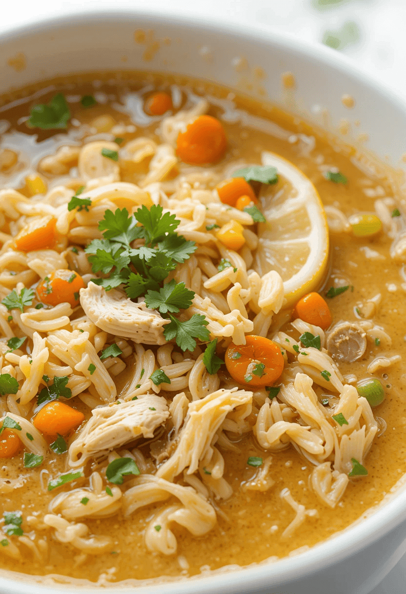 A vibrant bowl of Lemon Chicken Orzo Soup served in a white dish, featuring golden broth, tender shredded chicken, orzo pasta, diced carrots, celery, and garnished with fresh parsley and lemon slices. The soup is highlighted with bright, natural lighting and a clean, minimalist background, showcasing its homemade and comforting appeal.