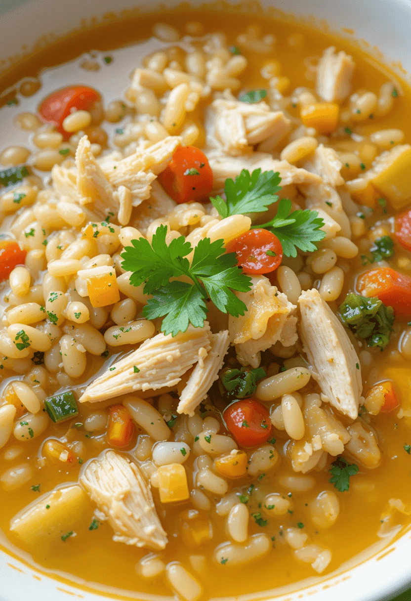 A vibrant bowl of Lemon Chicken Orzo Soup served in a white dish, featuring golden broth, tender shredded chicken, orzo pasta, diced carrots, celery, and garnished with fresh parsley and lemon slices. The soup is highlighted with bright, natural lighting and a clean, minimalist background, showcasing its homemade and comforting appeal.