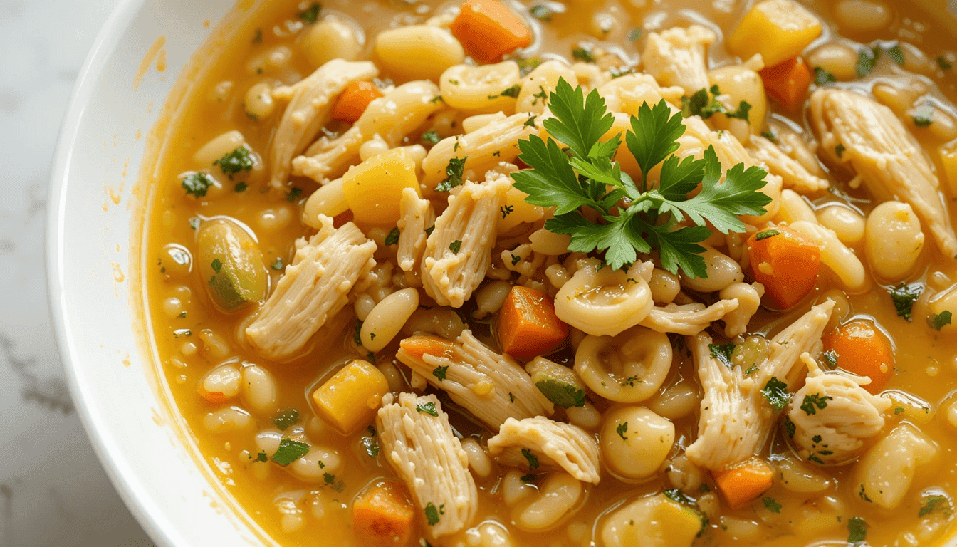 A vibrant bowl of Lemon Chicken Orzo Soup served in a white dish, featuring golden broth, tender shredded chicken, orzo pasta, diced carrots, celery, and garnished with fresh parsley and lemon slices. The soup is highlighted with bright, natural lighting and a clean, minimalist background, showcasing its homemade and comforting appeal.