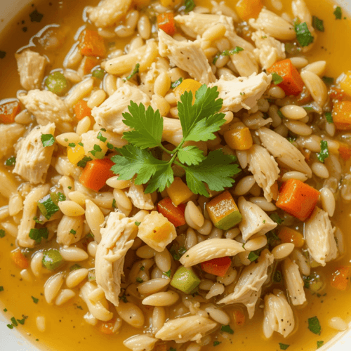A vibrant bowl of Lemon Chicken Orzo Soup served in a white dish, featuring golden broth, tender shredded chicken, orzo pasta, diced carrots, celery, and garnished with fresh parsley and lemon slices. The soup is highlighted with bright, natural lighting and a clean, minimalist background, showcasing its homemade and comforting appeal.