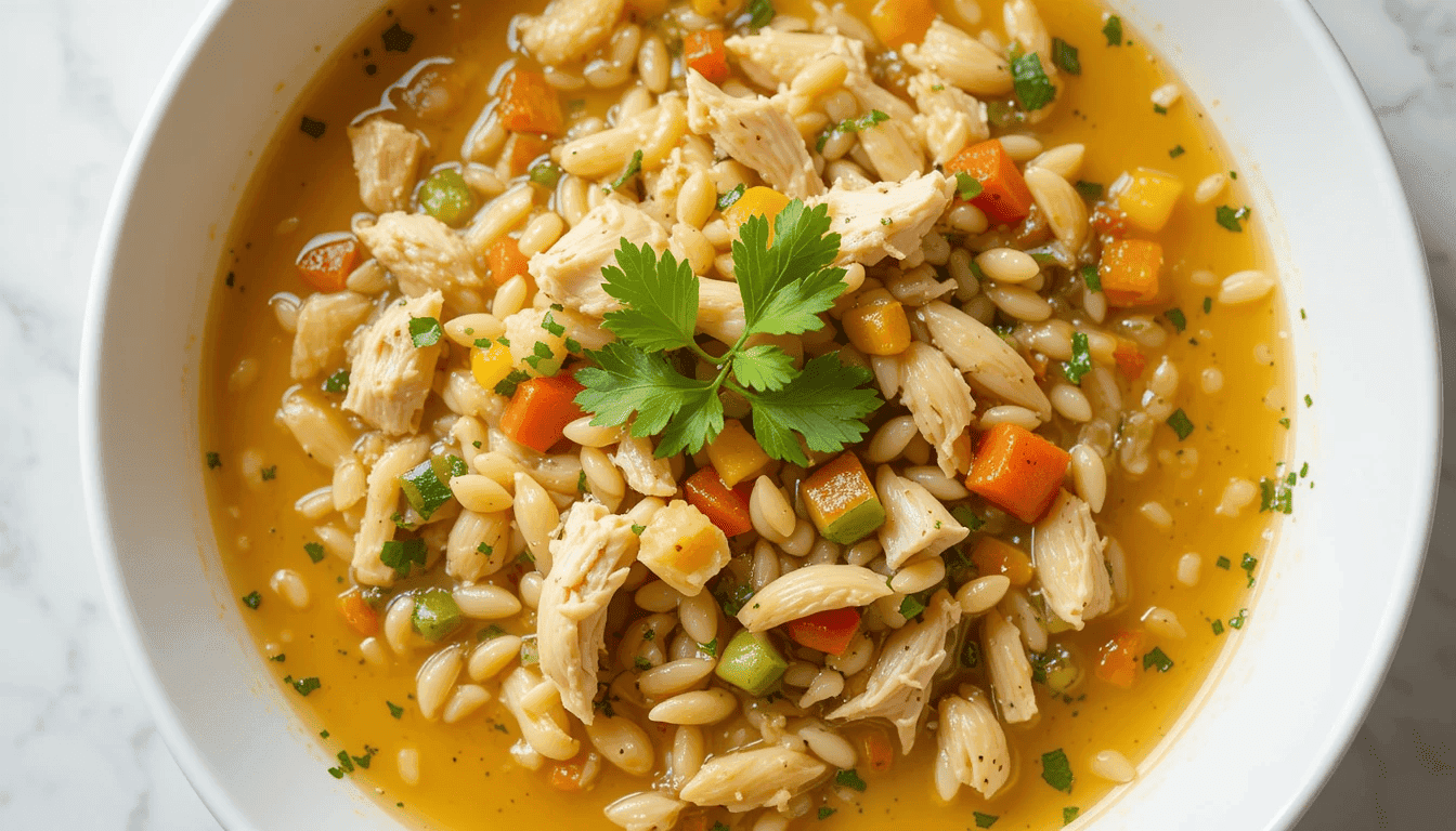 A vibrant bowl of Lemon Chicken Orzo Soup served in a white dish, featuring golden broth, tender shredded chicken, orzo pasta, diced carrots, celery, and garnished with fresh parsley and lemon slices. The soup is highlighted with bright, natural lighting and a clean, minimalist background, showcasing its homemade and comforting appeal.