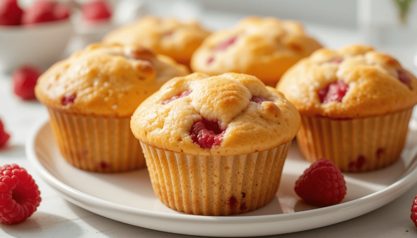 Homemade raspberry cream cheese muffins on a simple