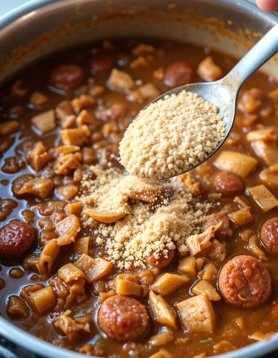 Bowl of Louisiana-style Chicken And Sausage Gumbo with a side of crusty bread, featuring a deep brown color and Cajun flavors.