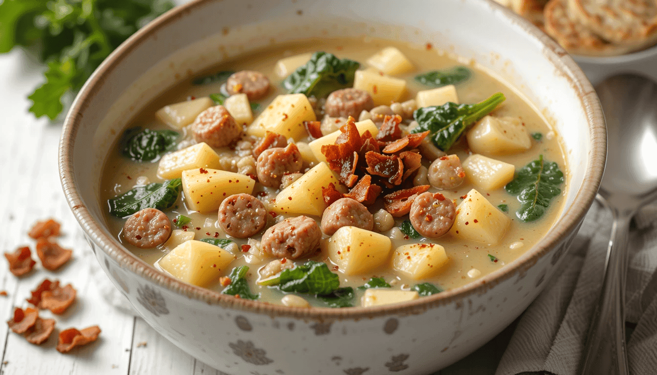 A steaming bowl of Zuppa Toscana soup with creamy broth, crumbled Italian sausage, tender potatoes, and fresh kale, garnished with crispy bacon bits and red pepper flakes.