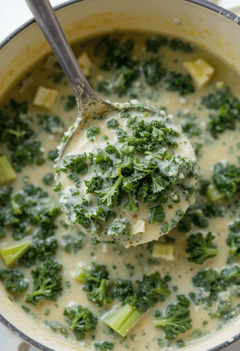 A steaming bowl of Zuppa Toscana soup with creamy broth, crumbled Italian sausage, tender potatoes, and fresh kale, garnished with crispy bacon bits and red pepper flakes.