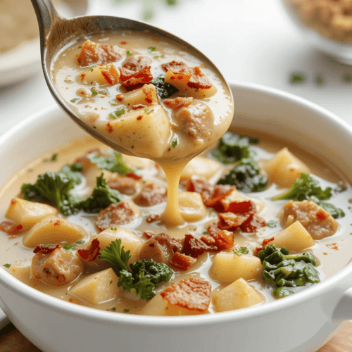 A steaming bowl of Zuppa Toscana soup with creamy broth, crumbled Italian sausage, tender potatoes, and fresh kale, garnished with crispy bacon bits and red pepper flakes.