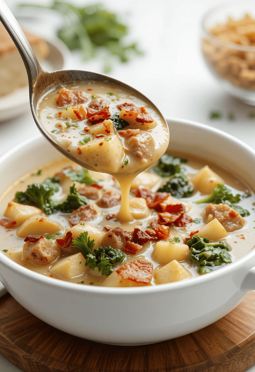 A steaming bowl of Zuppa Toscana soup with creamy broth, crumbled Italian sausage, tender potatoes, and fresh kale, garnished with crispy bacon bits and red pepper flakes.