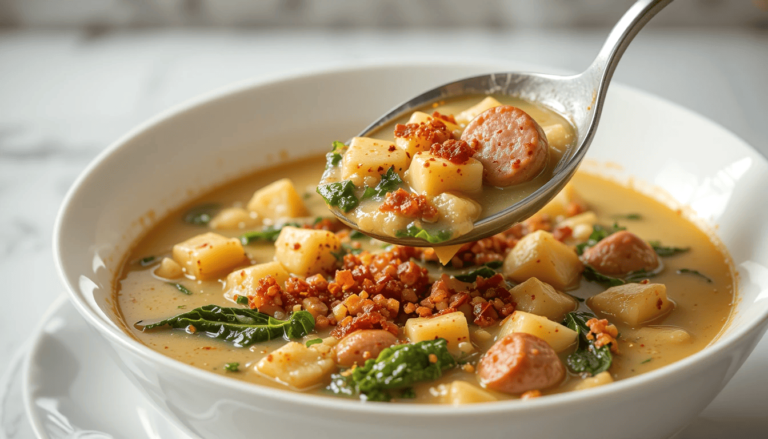A steaming bowl of Zuppa Toscana soup with creamy broth, crumbled Italian sausage, tender potatoes, and fresh kale, garnished with crispy bacon bits and red pepper flakes.