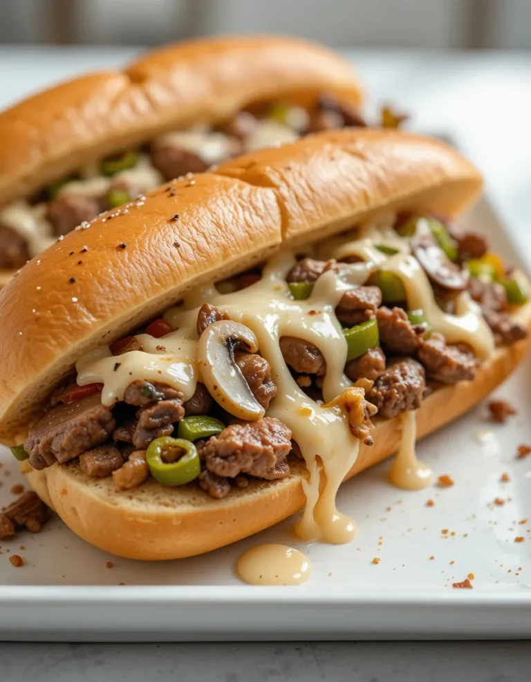 A freshly made Cheese Steak Sandwich, packed with steak, mushrooms, onions, and peppers, covered in melted provolone.