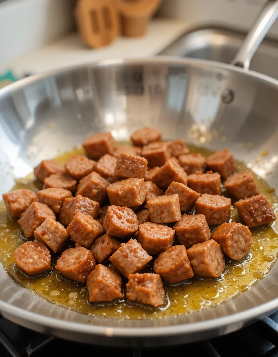 A top-down view of a bowl filled with creamy sausage rigatoni, highlighting the rich sauce and tender pasta.