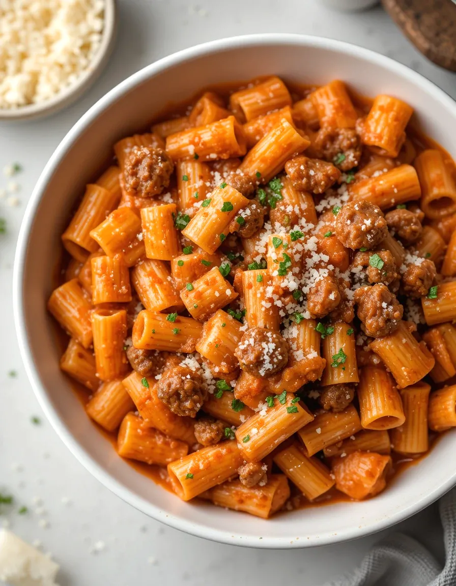 Baked Sausage Pasta Recipes with rigatoni, creamy tomato sauce, and melted parmesan cheese in a serving bowl.