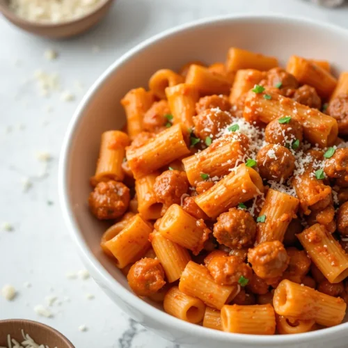 Homemade Creamy Sausage Rigatoni with a thick tomato cream sauce, garnished with chopped basil and grated parmesan.