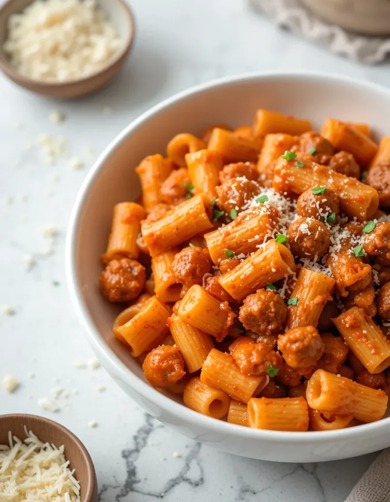 Homemade Creamy Sausage Rigatoni with a thick tomato cream sauce, garnished with chopped basil and grated parmesan.