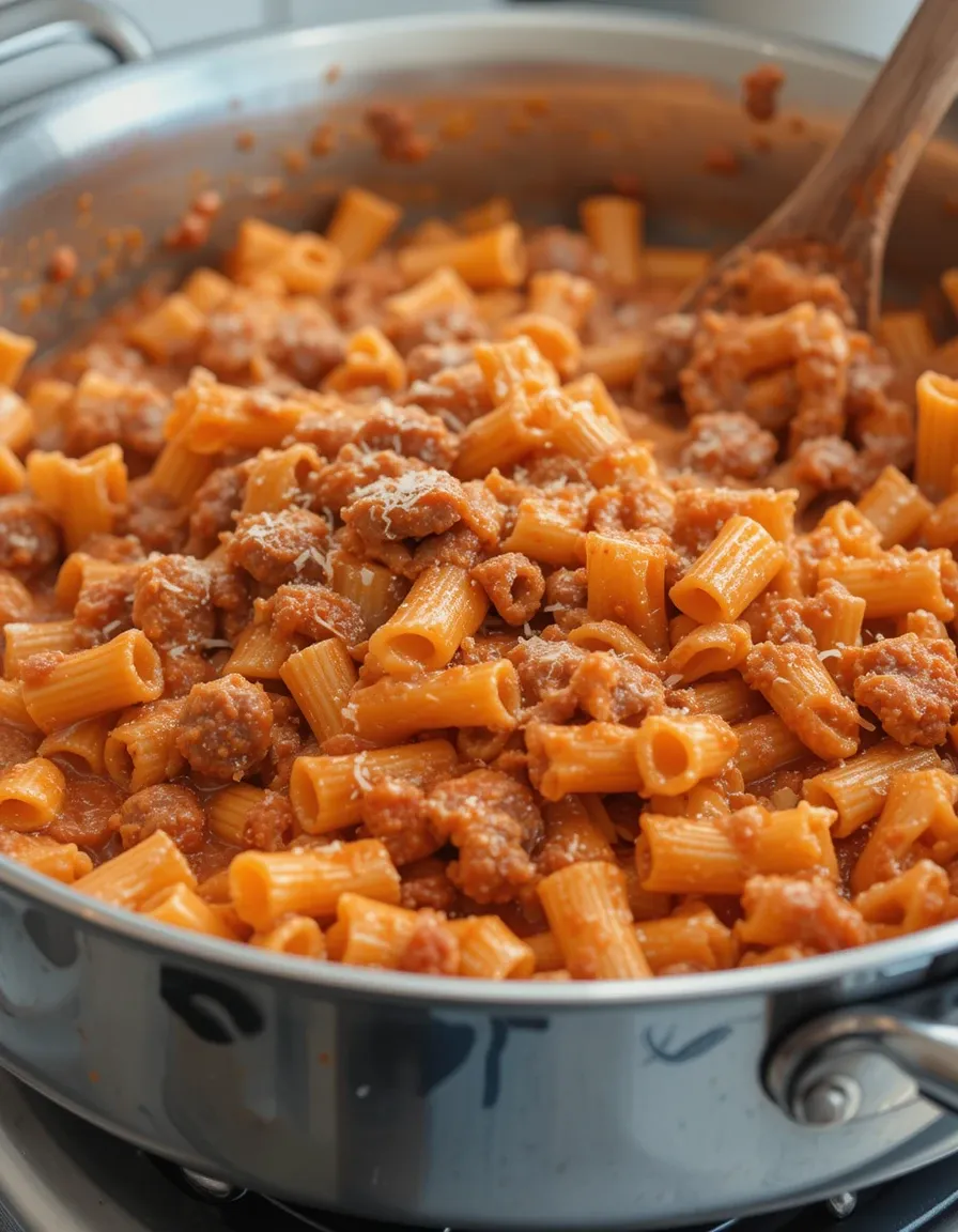 Sausage Pasta Skillet Recipes showing a pan of creamy rigatoni pasta mixed with Italian sausage and fresh herbs.