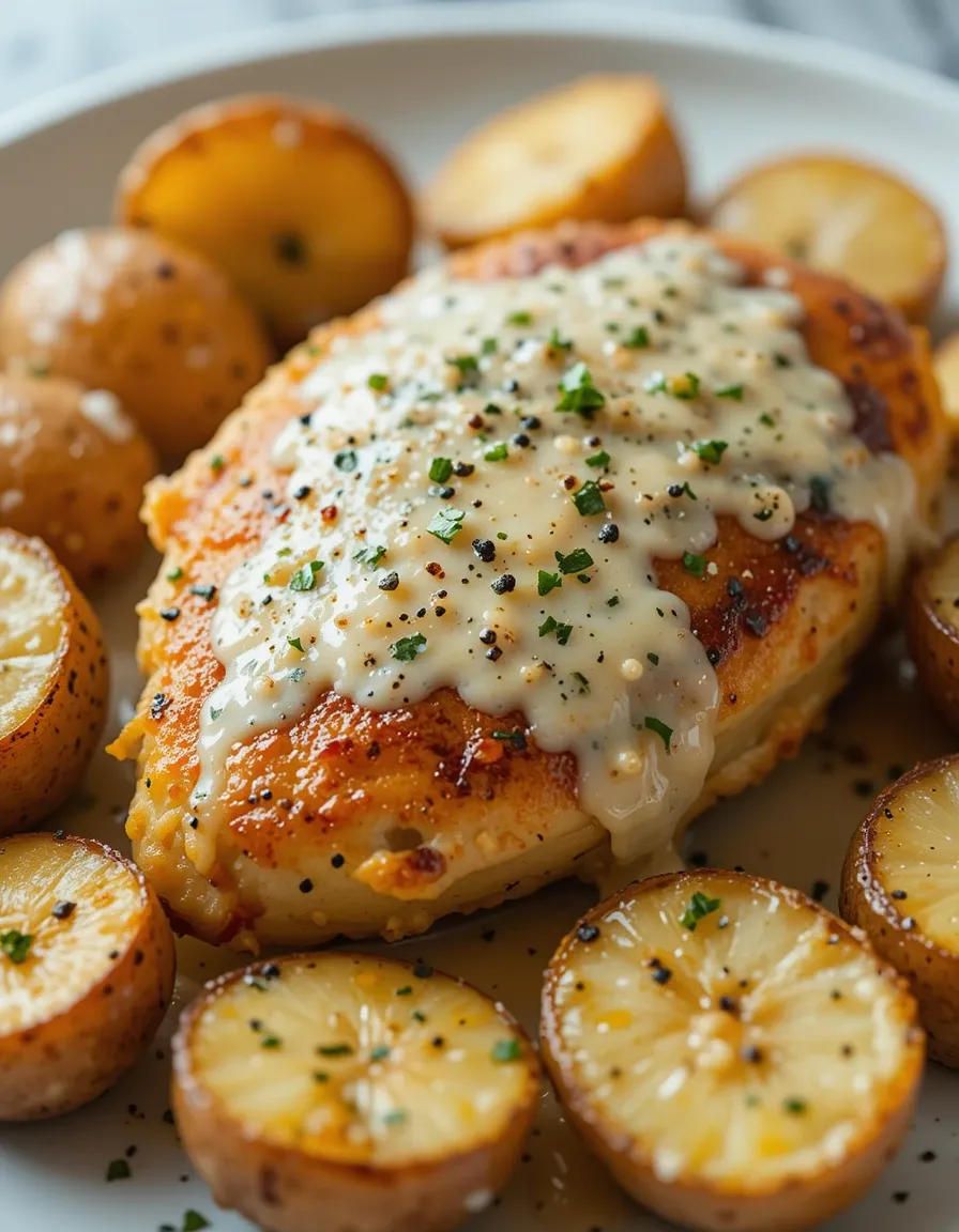 arlic Parmesan Chicken and Potatoes is a cheesy, golden-baked dish that’s packed with comfort in every bite